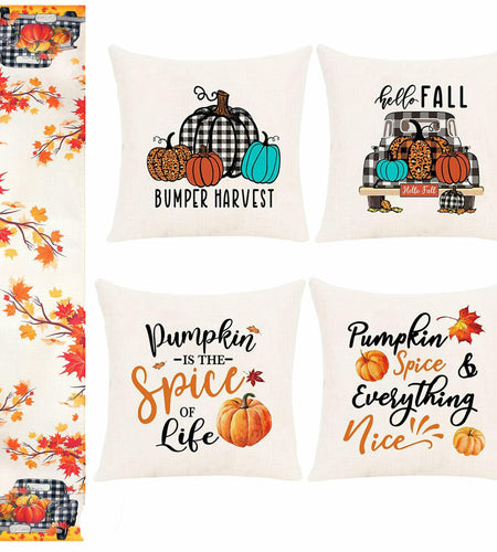 Soyezletop Thanksgiving Decor Set 5pcs Pillows 18x18in & Table Runner