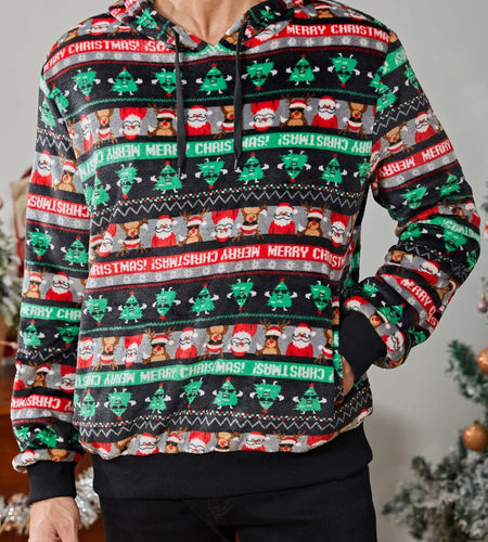 Runcati Mens Green Ugly Christmas Sherpa Hoodie Pullover Sweatshirt