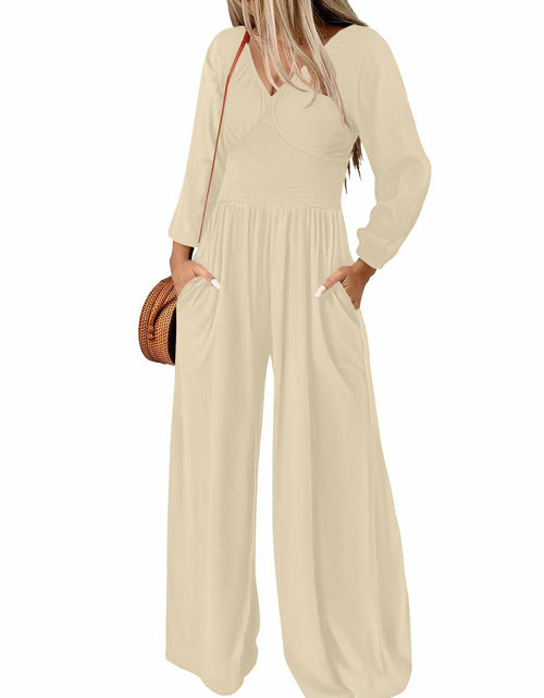 Load image into Gallery viewer, Tanou 2024 Women's Rose Red Smocked Long Sleeve Jumpsuit Romper L
