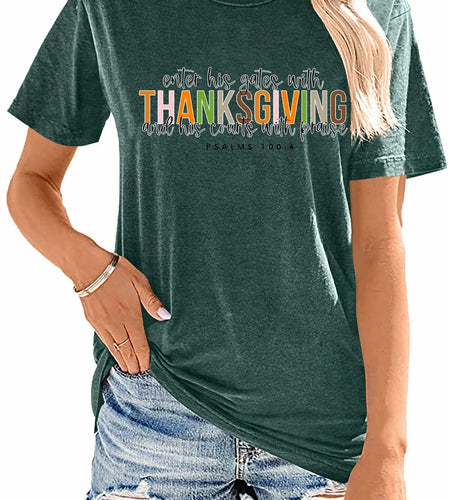 ELDPS Thanksgiving Shirt Women Casual Fall Top Thankful Tee Single Unit - Size L