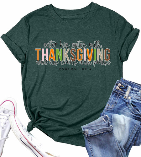 ELDPS Thanksgiving Shirt Women Casual Fall Top Thankful Tee Single Unit - Size L
