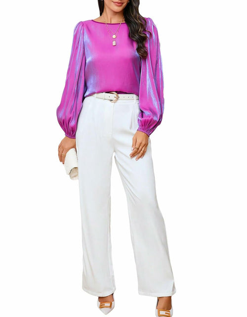 Load image into Gallery viewer, MakeMeChic Women's Satin Lantern Sleeve Round Neck Blouse Purple S Long Sleeve
