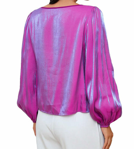 MakeMeChic Women's Satin Lantern Sleeve Round Neck Blouse Purple S Long Sleeve