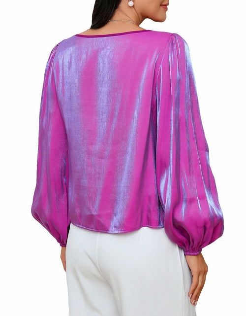 Load image into Gallery viewer, MakeMeChic Women's Satin Lantern Sleeve Round Neck Blouse Purple S Long Sleeve
