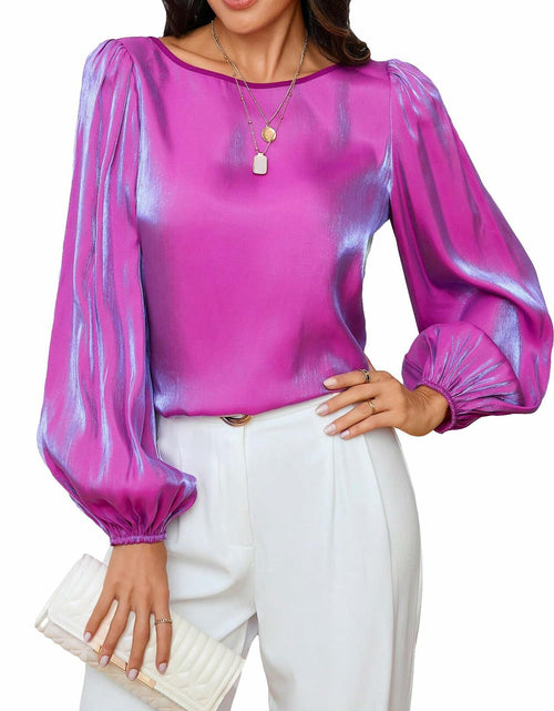 Load image into Gallery viewer, MakeMeChic Women's Satin Lantern Sleeve Round Neck Blouse Purple S Long Sleeve
