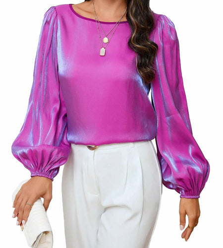 MakeMeChic Women's Satin Lantern Sleeve Round Neck Blouse Purple S Long Sleeve