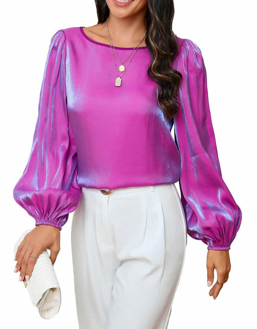 Load image into Gallery viewer, MakeMeChic Women's Satin Lantern Sleeve Round Neck Blouse Purple S Long Sleeve
