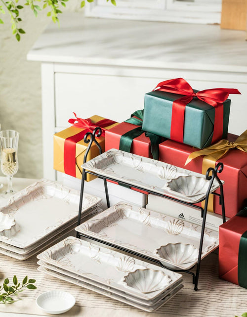 Load image into Gallery viewer, Shell Rectangle Chip and Dip Serving Set Black Tiered Tray Dessert Display
