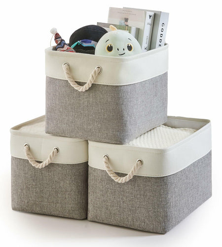 HOdo Home 3PCS Fabric Storage Bins 15x11x9.5in White Grey Collapsible Cubes