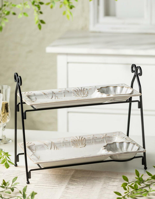Load image into Gallery viewer, Shell Rectangle Chip and Dip Serving Set Black Tiered Tray Dessert Display
