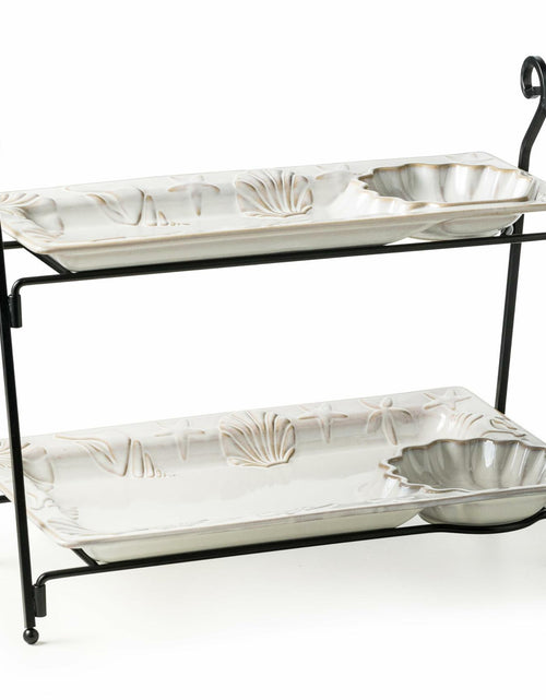 Load image into Gallery viewer, Shell Rectangle Chip and Dip Serving Set Black Tiered Tray Dessert Display
