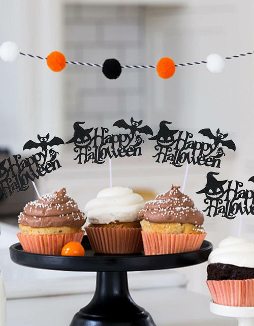 Load image into Gallery viewer, Totelux Halloween Cake Toppers 10Pcs Black Pumpkin Bat Ghost Glitter
