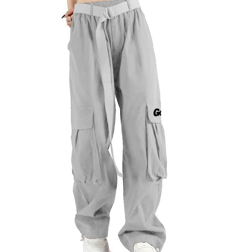 GOLYOY Women's Cargo Pants Grey Adjustable High Waist Baggy Wide Leg Size L