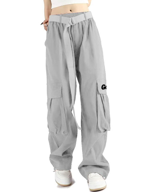 Load image into Gallery viewer, GOLYOY Women's Cargo Pants Grey Adjustable High Waist Baggy Wide Leg Size L
