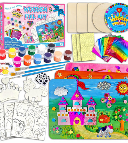 Wooden Foil Art Crafts DIY Unicorn & Princess Painting Kit for Kids Ages 5-12
