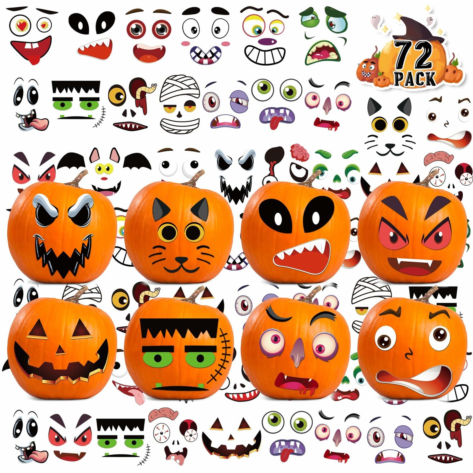 LINAYE Halloween Pumpkin Face Stickers Small Mini 72 PCS Decorating Kit