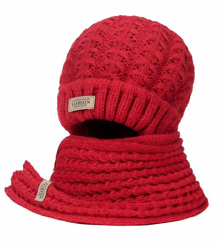 Wander Agio Women's Wool Knit Beanie & Scarf Set Thick Warm Red 6pc