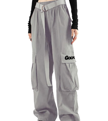 GOLYOY Women's Cargo Pants Grey Adjustable High Waist Baggy Wide Leg Size L