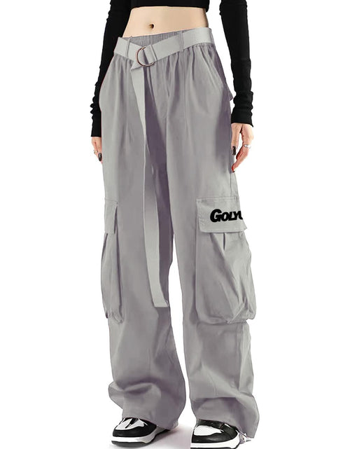 Load image into Gallery viewer, GOLYOY Women's Cargo Pants Grey Adjustable High Waist Baggy Wide Leg Size L
