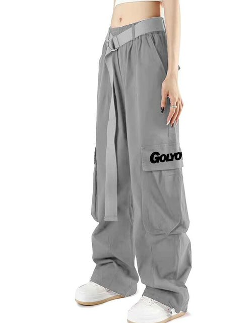Load image into Gallery viewer, GOLYOY Women's Cargo Pants Grey Adjustable High Waist Baggy Wide Leg Size L

