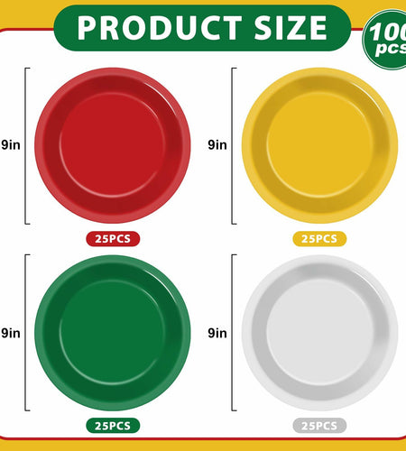 100Pcs Christmas Paper Plates 9" Red Green Disposable Party Tableware