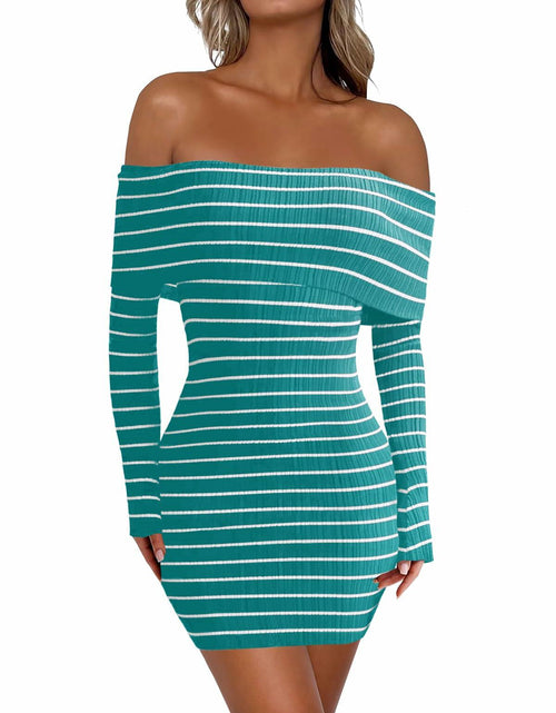 Load image into Gallery viewer, Wenrine Womens Off Shoulder Knit Mini Dress Blue Bodycon Long Sleeve Size S
