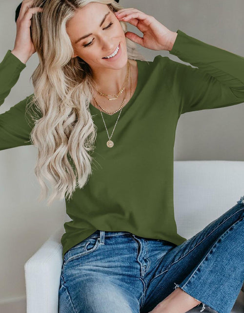 Load image into Gallery viewer, DittyandVibe Womens Long Sleeve V Neck Shirt Olive Green Size L
