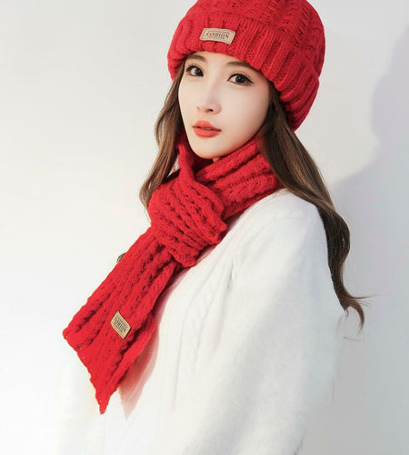 Wander Agio Women's Wool Knit Beanie & Scarf Set Thick Warm Red 6pc