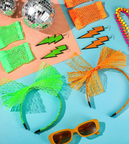 Maiteenly 80s Costume Accessories Set Lace Headband Neon Earrings Gloves