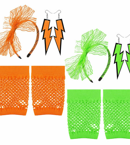 Maiteenly 80s Costume Accessories Set Lace Headband Neon Earrings Gloves