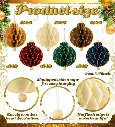 Watersay 18 Pc Glitter Christmas Honeycomb Ornaments Vintage Neutral Decor