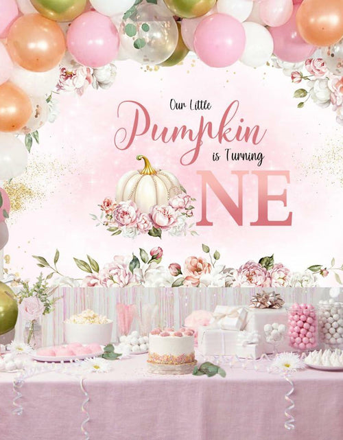 Load image into Gallery viewer, MEHOFOND Fall Pumpkin 1st Birthday Backdrop Banner Pastel Pink 70.8x43.3in
