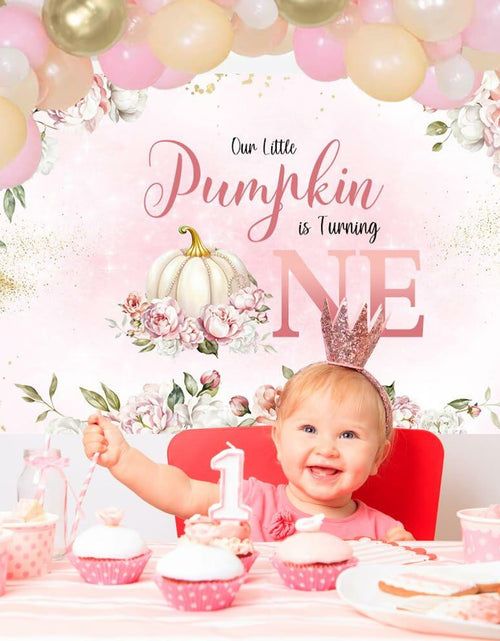 Load image into Gallery viewer, MEHOFOND Fall Pumpkin 1st Birthday Backdrop Banner Pastel Pink 70.8x43.3in
