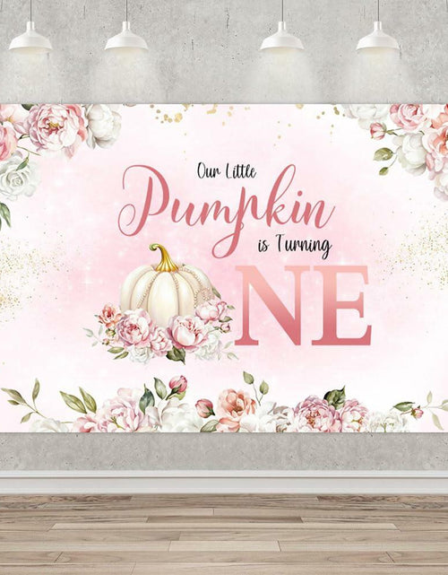 Load image into Gallery viewer, MEHOFOND Fall Pumpkin 1st Birthday Backdrop Banner Pastel Pink 70.8x43.3in
