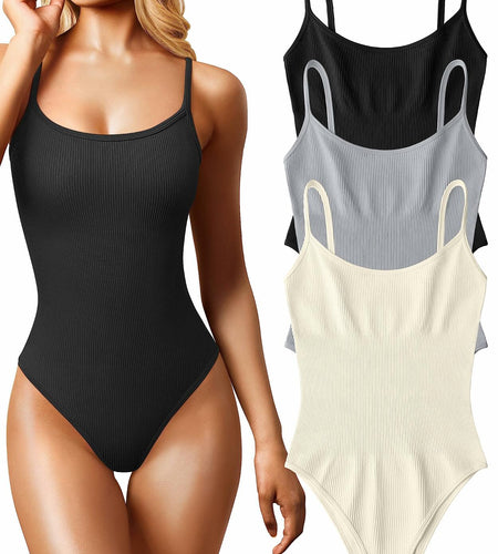 Women's 3 Pc Ribbed Adjustable Spaghetti Strap Bodysuits Black Grey Beige - L