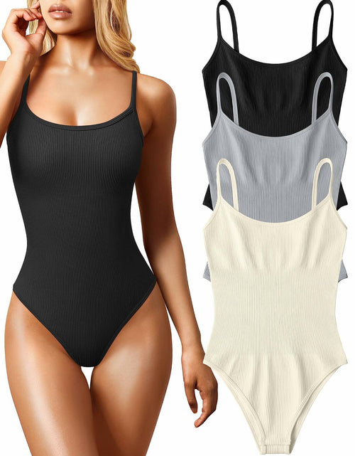 Load image into Gallery viewer, Women's 3 Pc Ribbed Adjustable Spaghetti Strap Bodysuits Black Grey Beige - L

