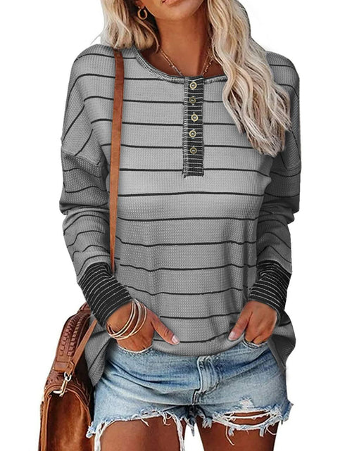 Load image into Gallery viewer, EVALESS Womens Brown Waffle Knit Henley Top Long Sleeve Size XS
