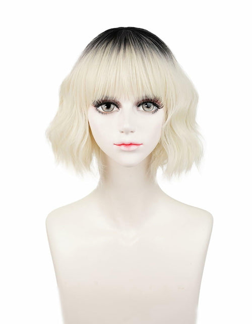 Load image into Gallery viewer, LABEAUTÉ Synthetic Short Wavy Blonde Black Ombre Bob Wig with Bangs
