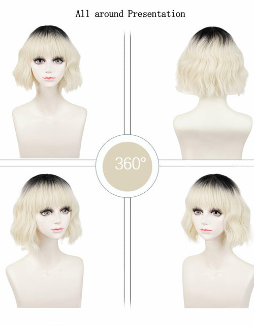 Load image into Gallery viewer, LABEAUTÉ Synthetic Short Wavy Blonde Black Ombre Bob Wig with Bangs

