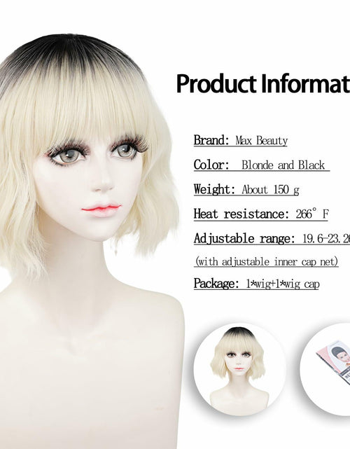 Load image into Gallery viewer, LABEAUTÉ Synthetic Short Wavy Blonde Black Ombre Bob Wig with Bangs
