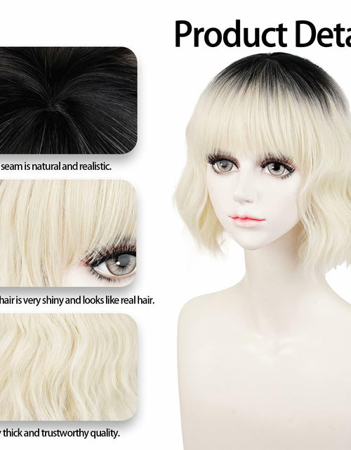Load image into Gallery viewer, LABEAUTÉ Synthetic Short Wavy Blonde Black Ombre Bob Wig with Bangs
