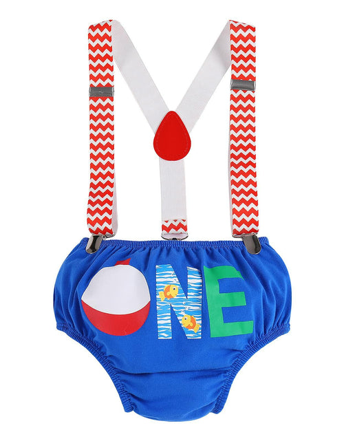 Load image into Gallery viewer, Big One Boys Bowtie Romper Suspenders Diaper Cover Hat Royal Blue Size 6-12M
