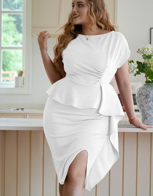 Load image into Gallery viewer, GOBLES Women's White Bodycon Midi Dress Boat Neck Short Sleeve Size L
