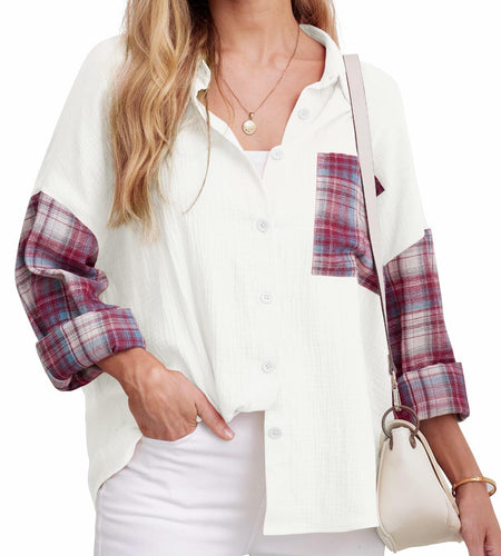 HWOKEFEIYU Women's Cotton Long Sleeve Shirt Red Grid Size M