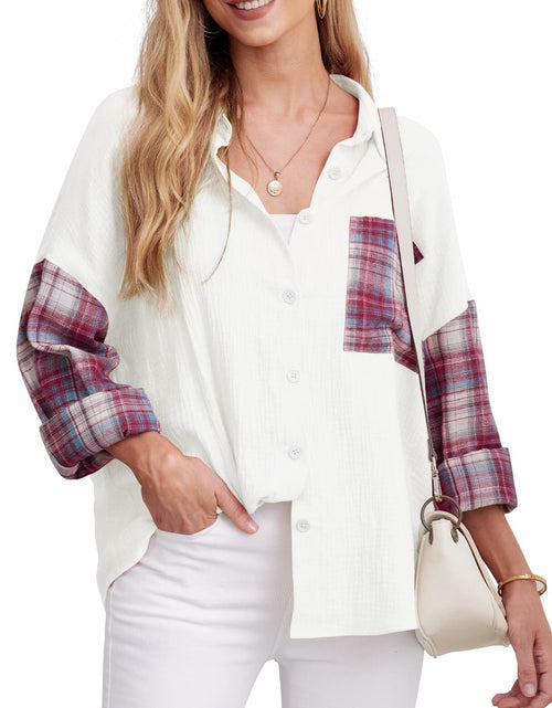 Load image into Gallery viewer, HWOKEFEIYU Women's Cotton Long Sleeve Shirt Red Grid Size M
