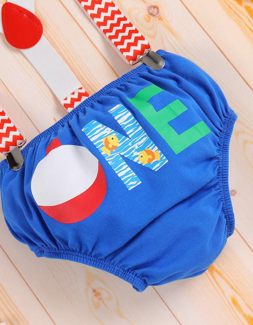 Load image into Gallery viewer, Big One Boys Bowtie Romper Suspenders Diaper Cover Hat Royal Blue Size 6-12M
