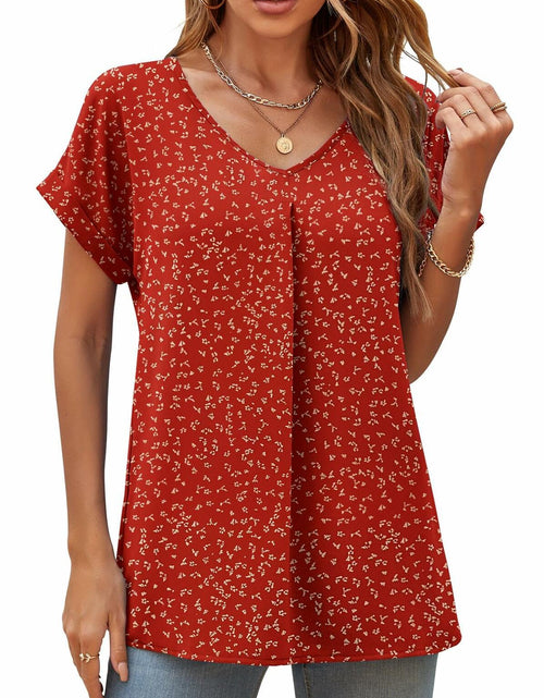 Load image into Gallery viewer, QUEZHU Women's V Neck Short Sleeve Chiffon Blouse Wine Red Size Small
