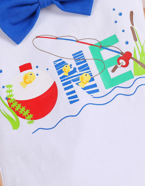Load image into Gallery viewer, Big One Boys Bowtie Romper Suspenders Diaper Cover Hat Royal Blue Size 6-12M
