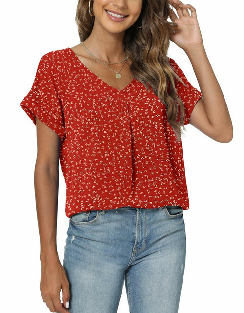 Load image into Gallery viewer, QUEZHU Women's V Neck Short Sleeve Chiffon Blouse Wine Red Size Small
