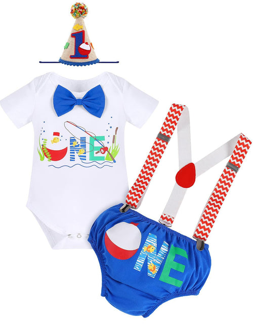 Load image into Gallery viewer, Big One Boys Bowtie Romper Suspenders Diaper Cover Hat Royal Blue Size 6-12M
